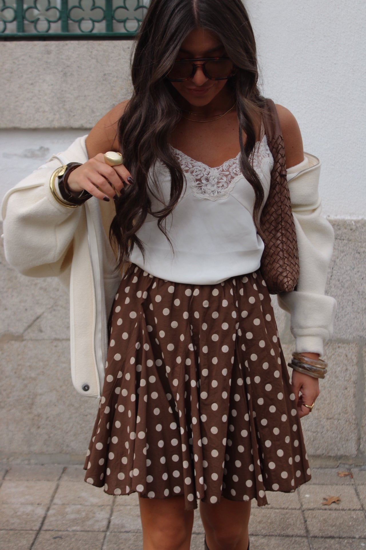 Polka Dot Pleated Skirt in Brown