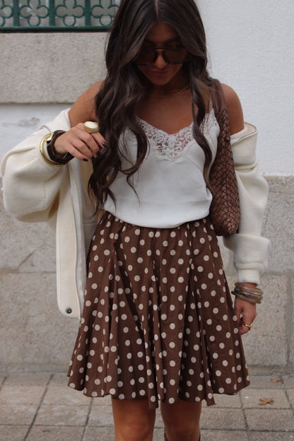 Polka Dot Pleated Skirt in Brown