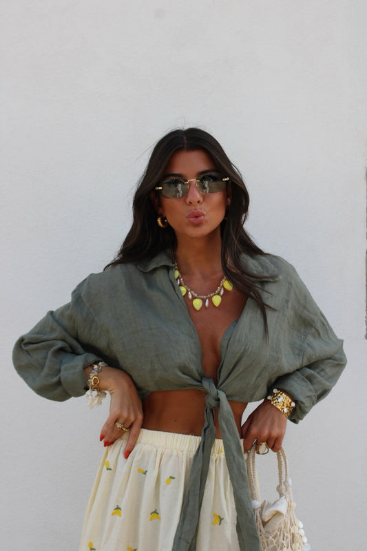 Khaki Linen Cropped Shirt