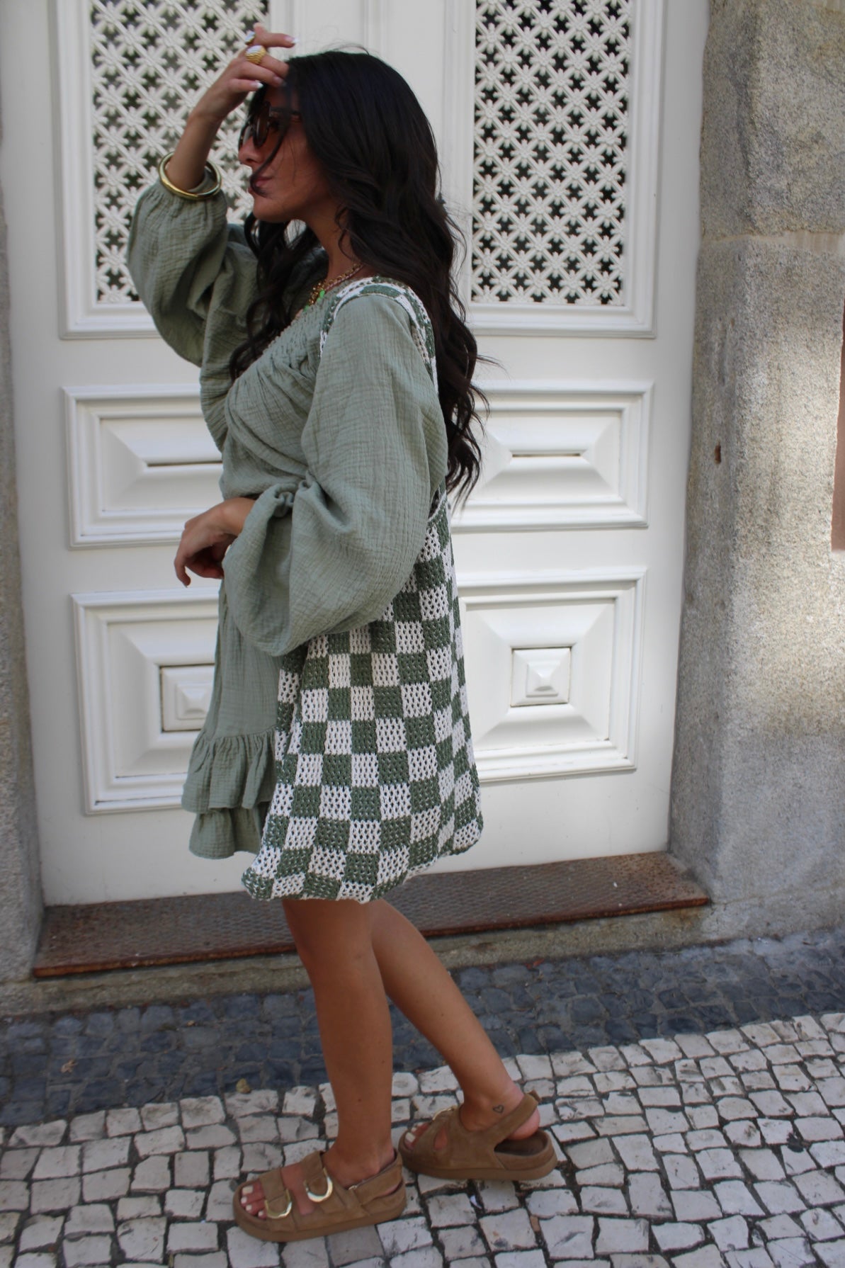 Crochet Bag In Khaki & Off-White