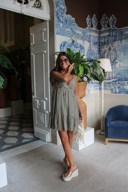 Boho Khaki Embroidered Dress