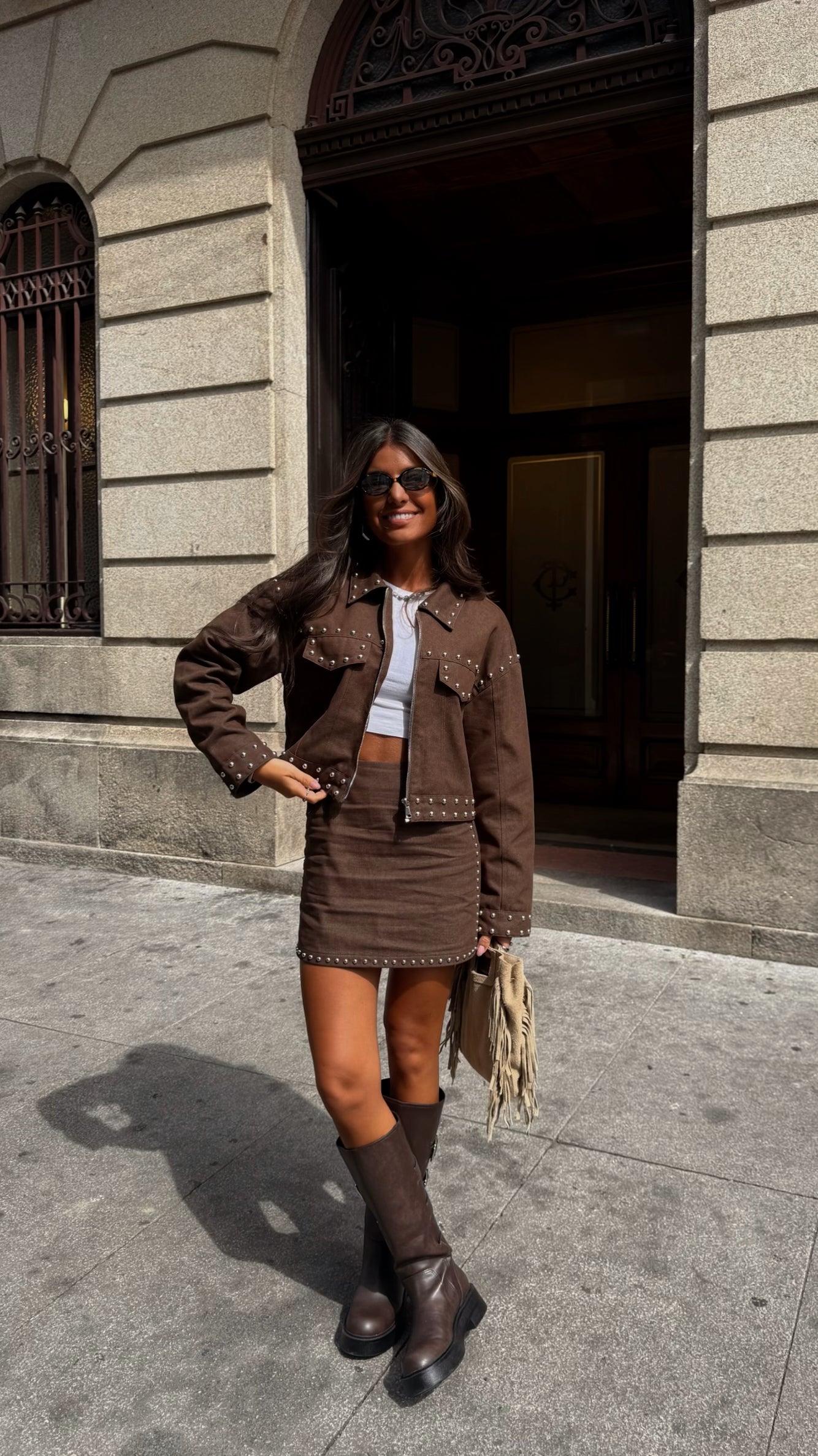 Brown Denim Set with Stud Details
