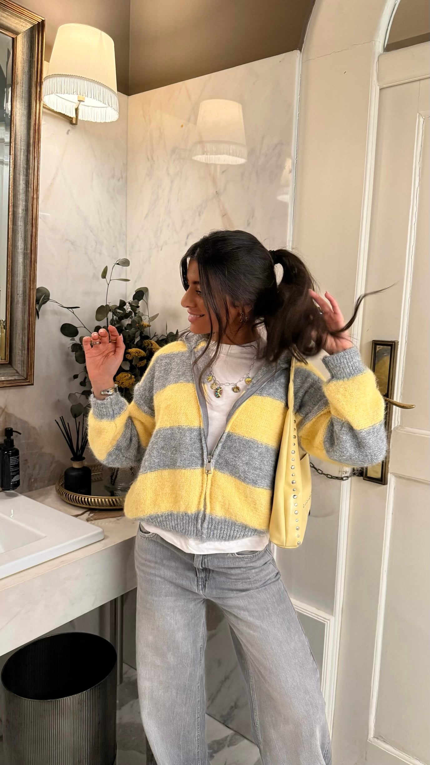 Yellow & Grey Striped Knit Zip Jacket