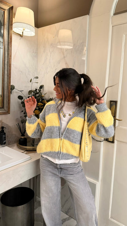 Yellow & Grey Striped Knit Zip Jacket