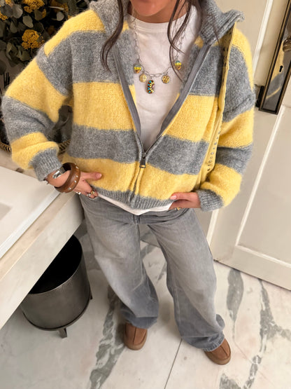 Yellow & Grey Striped Knit Zip Jacket
