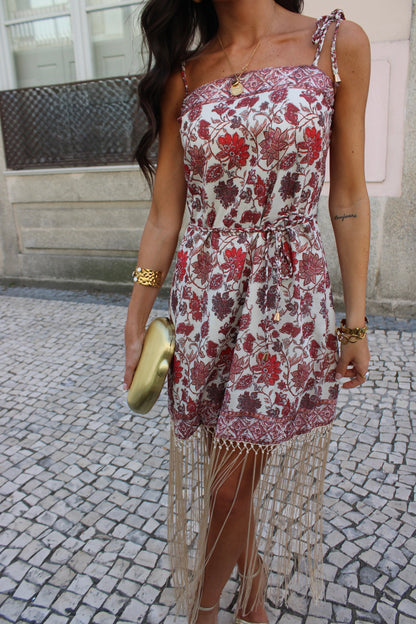 Floral Dress in Shades of Red w/ Golden Fringes