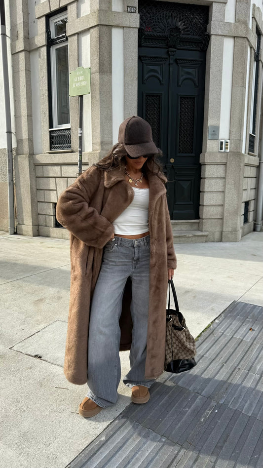 Taupe Faux Fur Full-Length Coat