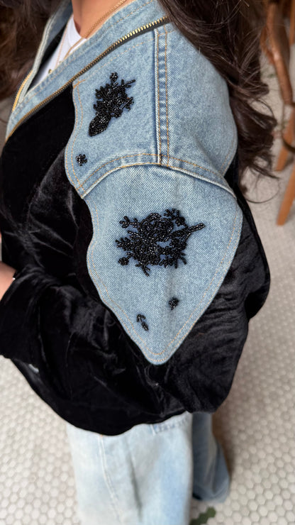 Black Velvet Jacket with Embroidered Denim Accents