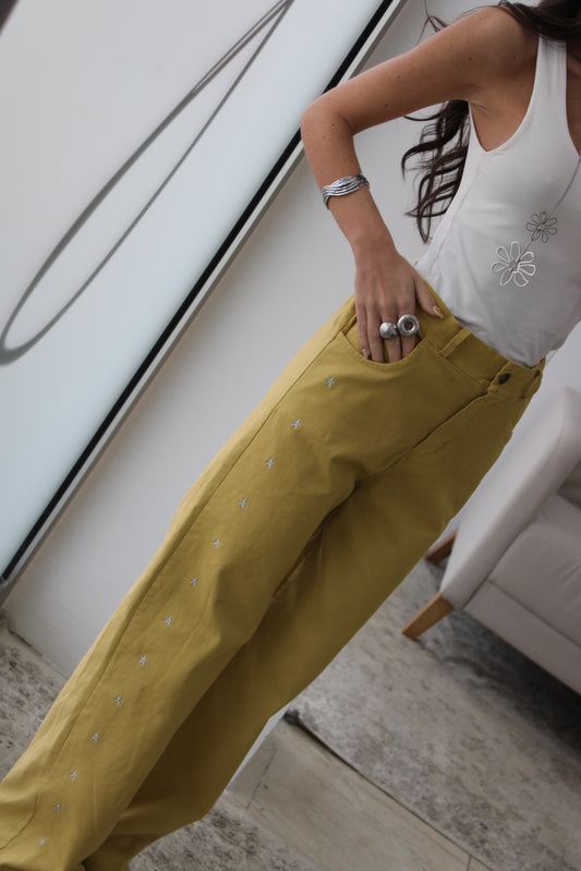 Mustard Jeans with Embroidered Details