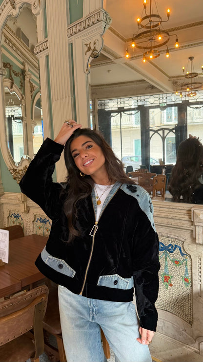 Black Velvet Jacket with Embroidered Denim Accents