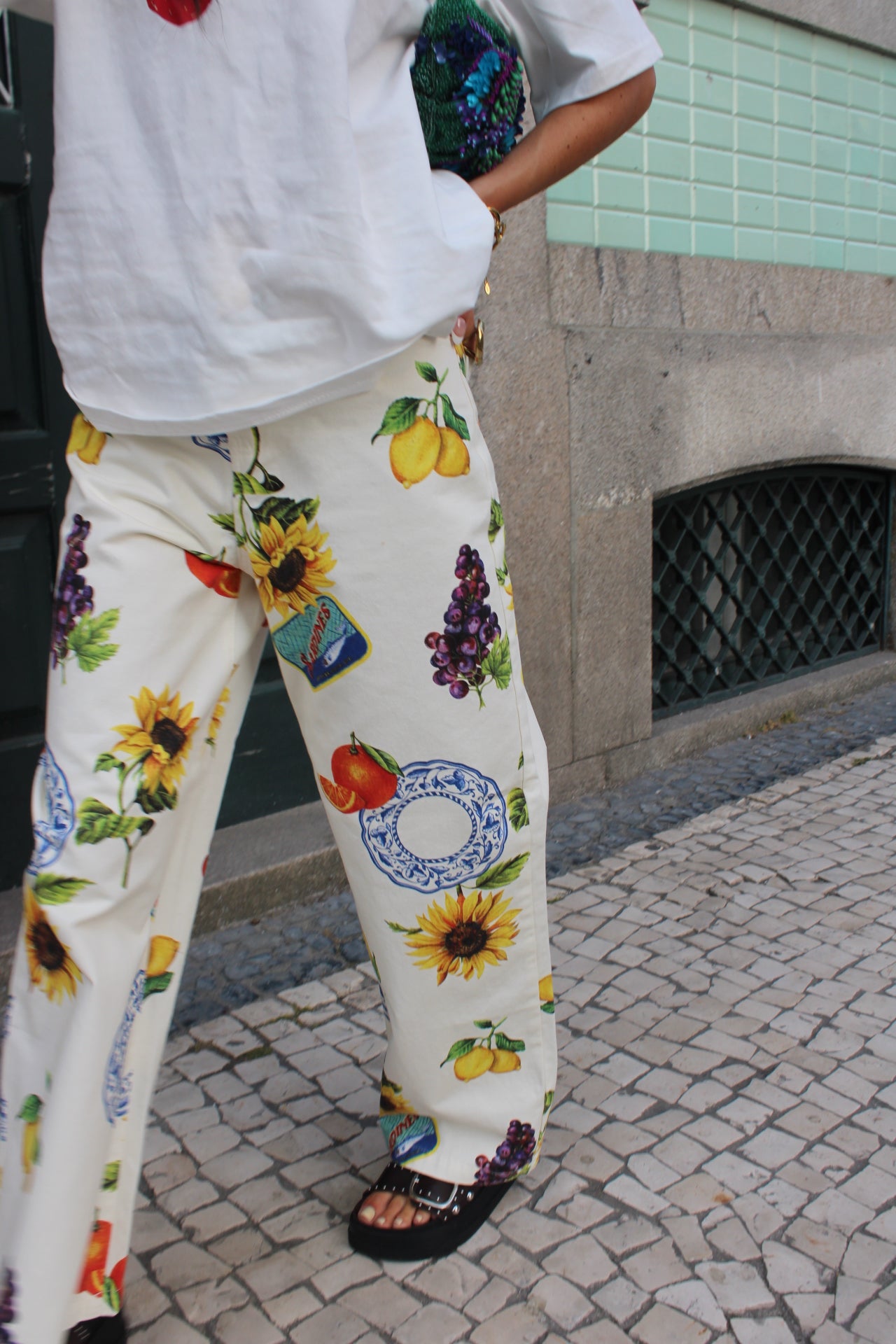 Wide-leg Jeans with Mediterranean-Inspired Prints