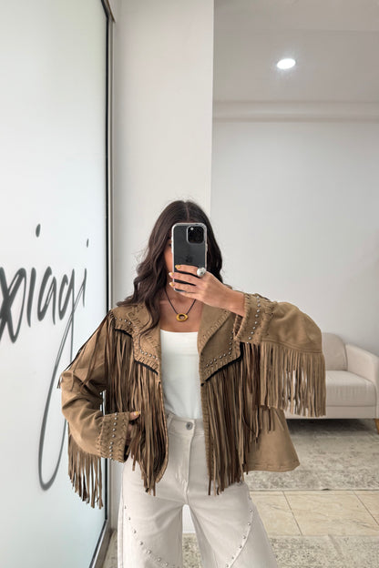 Suede-Effect Jacket with Fringe and Studded Details