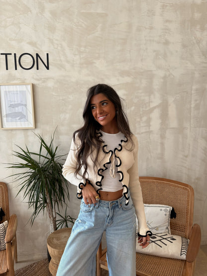 Cream Contrast Trim Cardigan