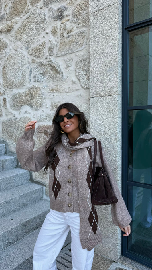 Argyle Pattern Cardigan with Matching Scarf