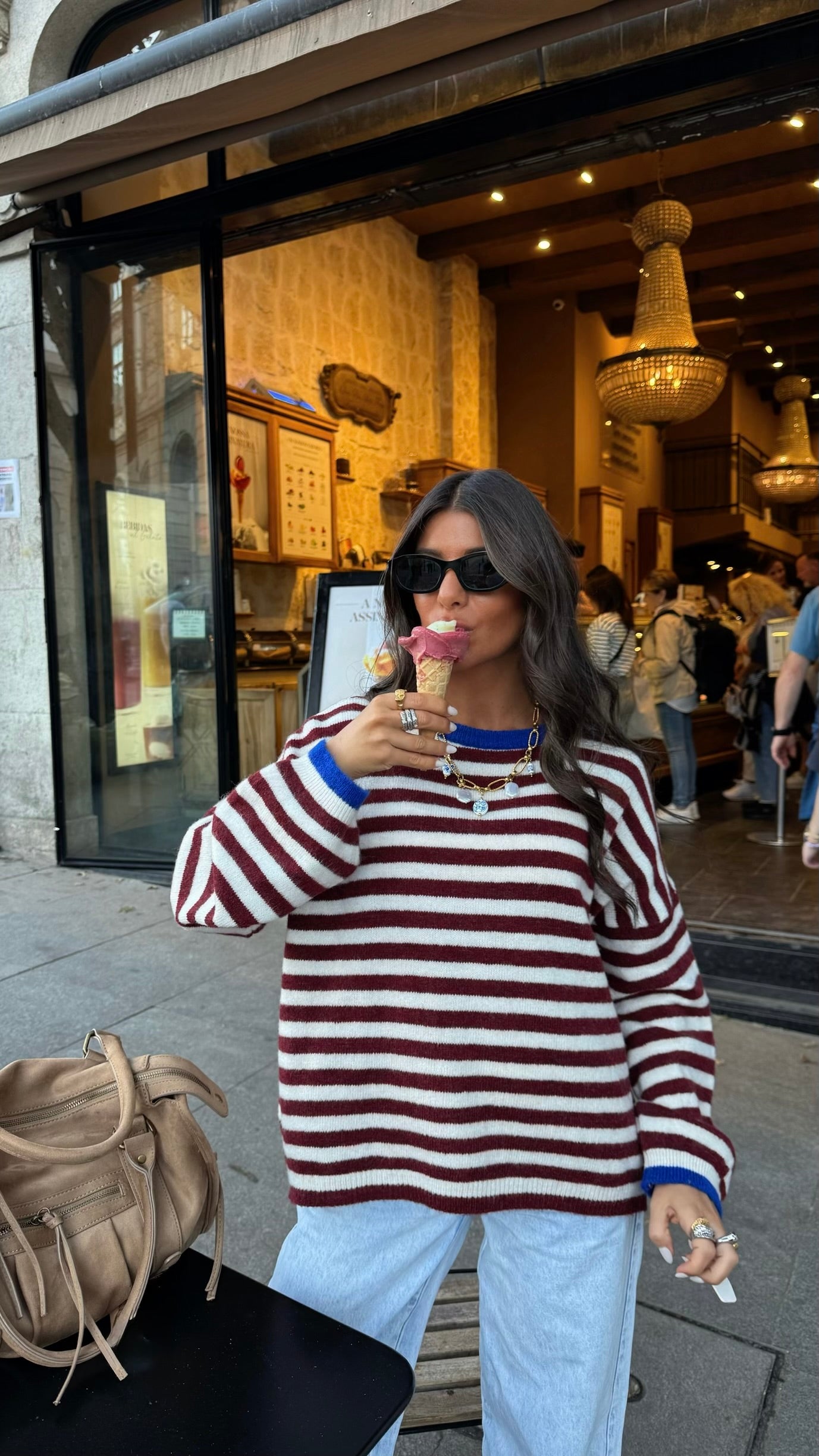 Burgundy & White Striped Mohair Sweater with Blue Details