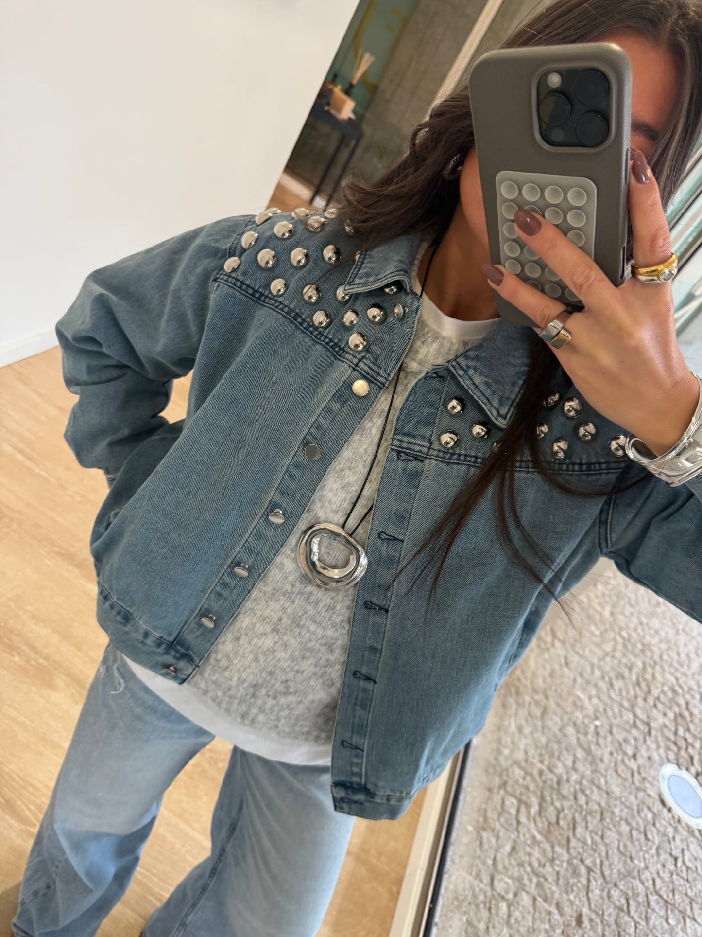 Soft Blue Denim Jacket with Bold Studs