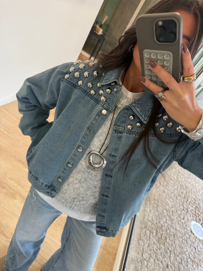 Soft Blue Denim Jacket with Bold Studs