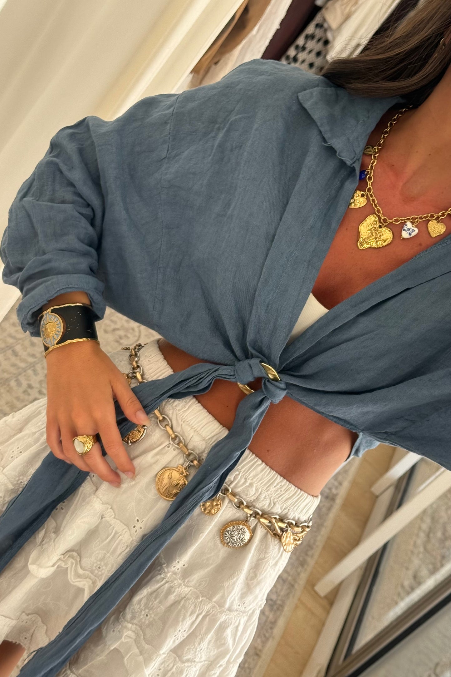 Smoky Blue Linen Shirt with Gold Ring Detail