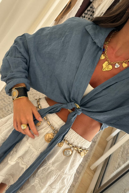 Smoky Blue Linen Shirt with Gold Ring Detail
