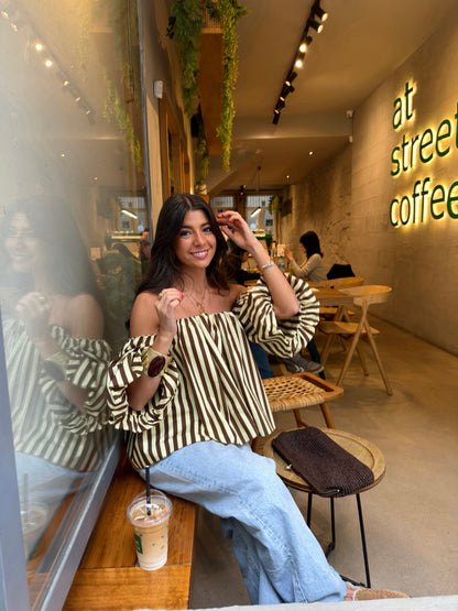 Honey & Mocha Striped Off-Shoulder Top