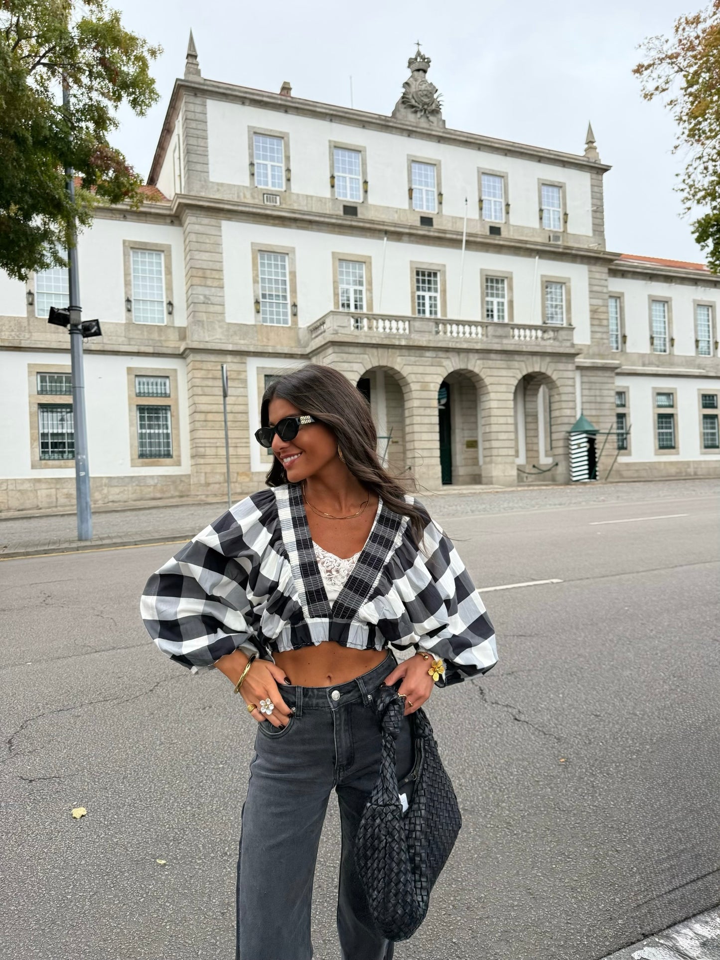 Black & White Vichy Crop Top with Balloon Sleeves