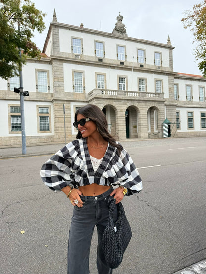 Black & White Vichy Crop Top with Balloon Sleeves