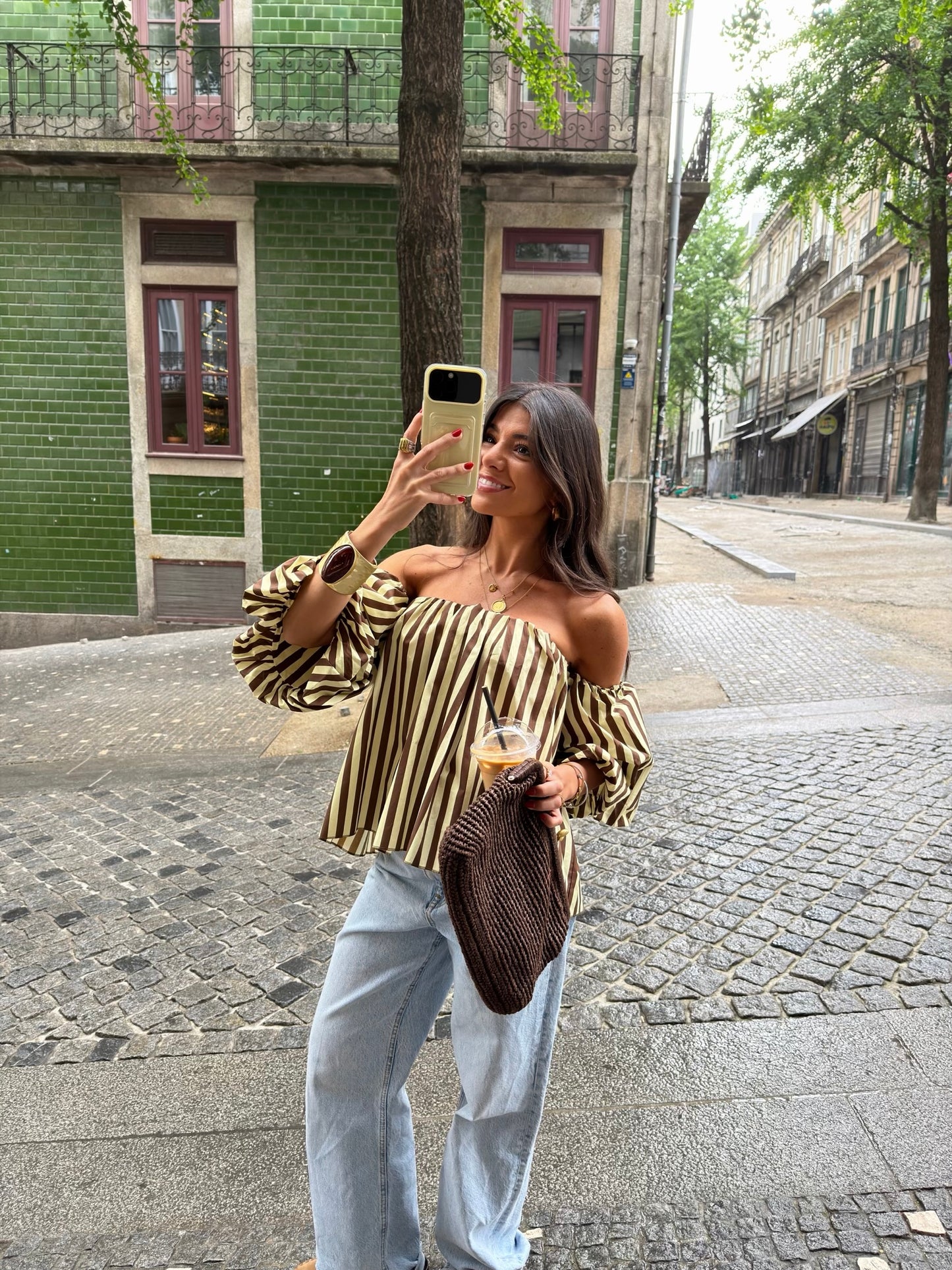 Honey & Mocha Striped Off-Shoulder Top