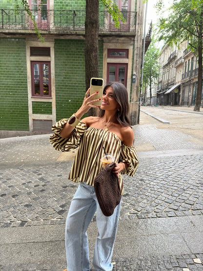 Honey & Mocha Striped Off-Shoulder Top