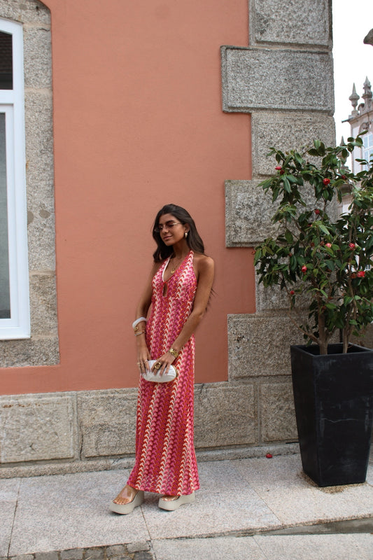 Maxi Crochet Dress in Vibrant Shades of Red and Pink