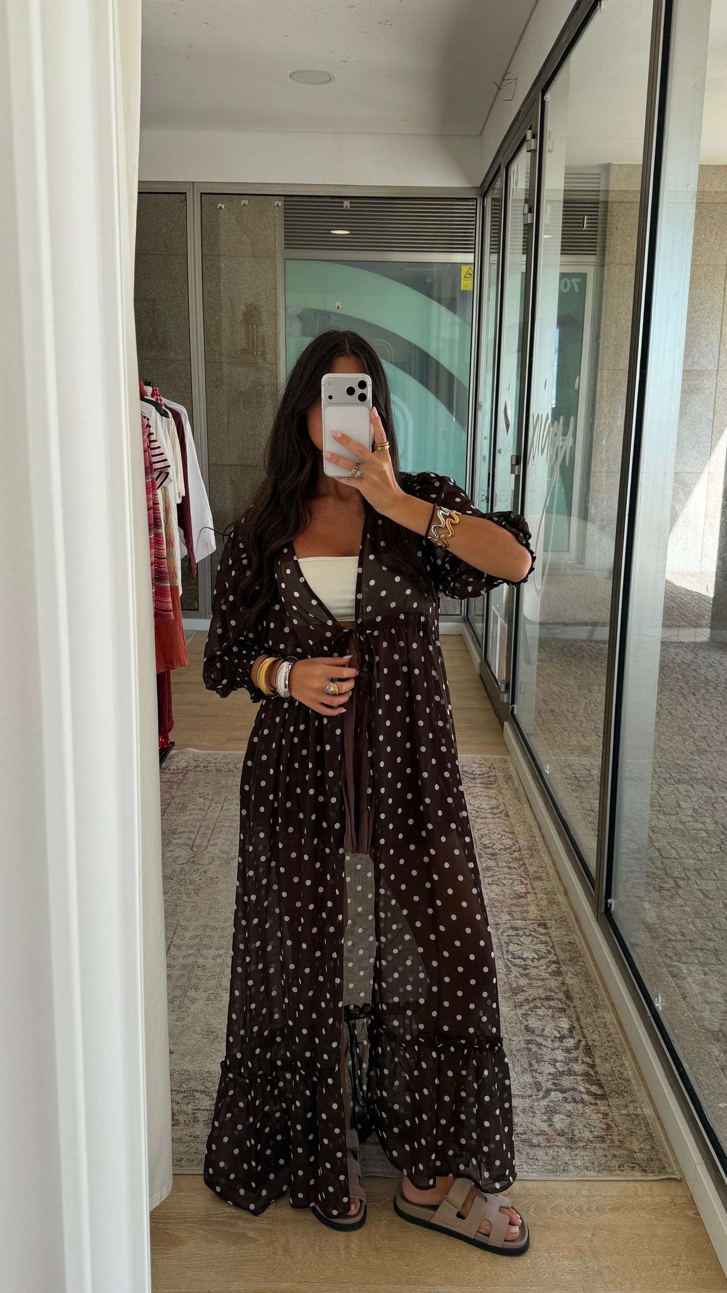 Polka Dot Sheer Maxi Kimono in Brown