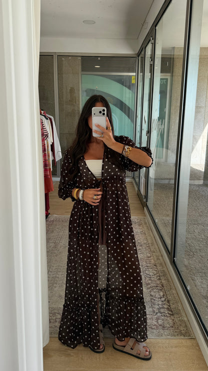 Polka Dot Sheer Maxi Kimono in Brown