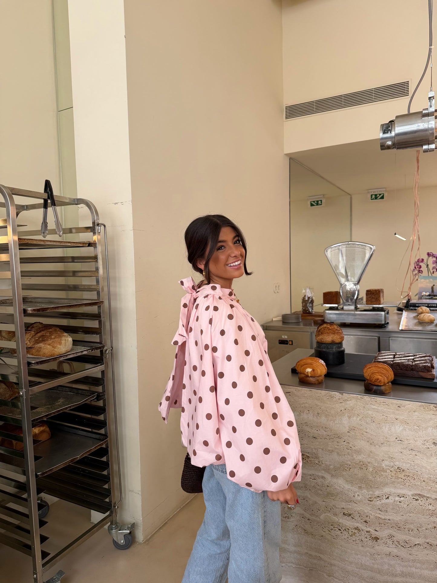 Pink Polka Dot Bow Back Blouse