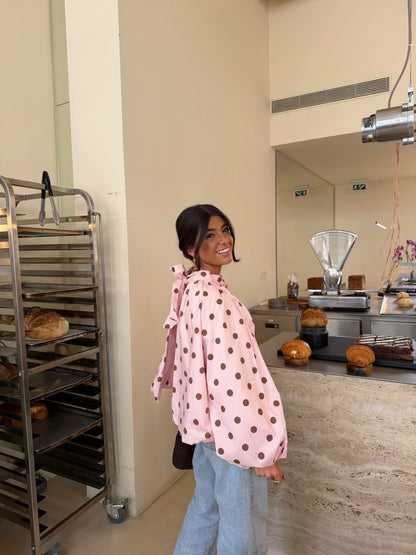Pink Polka Dot Bow Back Blouse