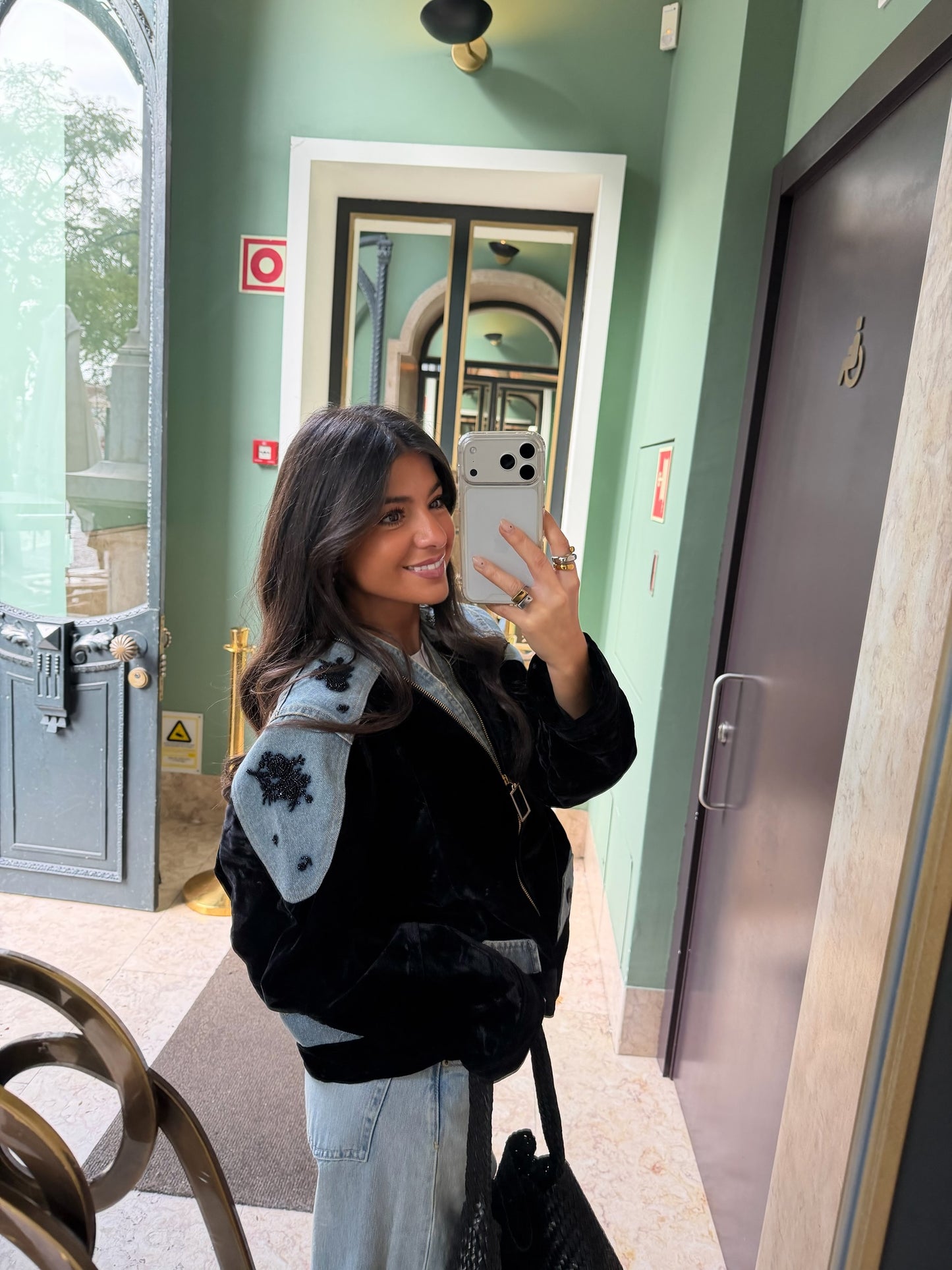 Black Velvet Jacket with Embroidered Denim Accents