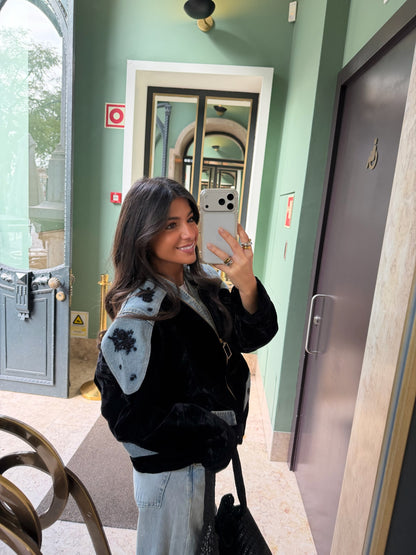 Black Velvet Jacket with Embroidered Denim Accents