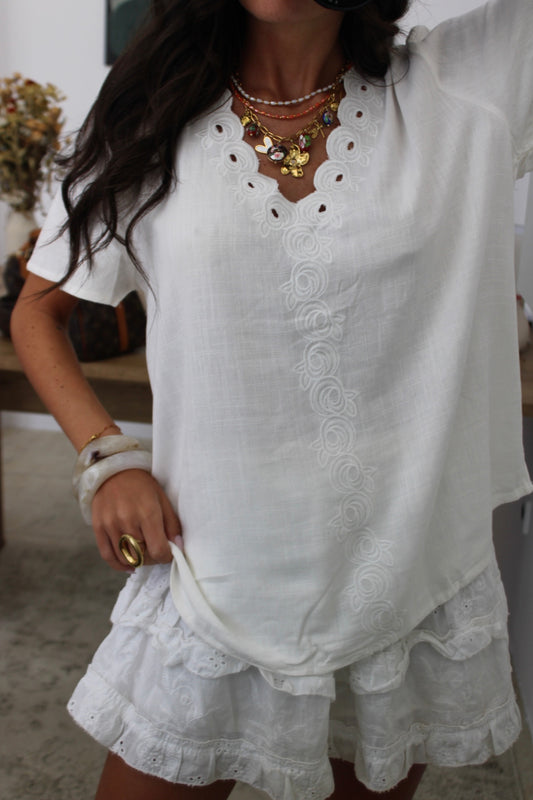 White T-shirt with Embroidered Details
