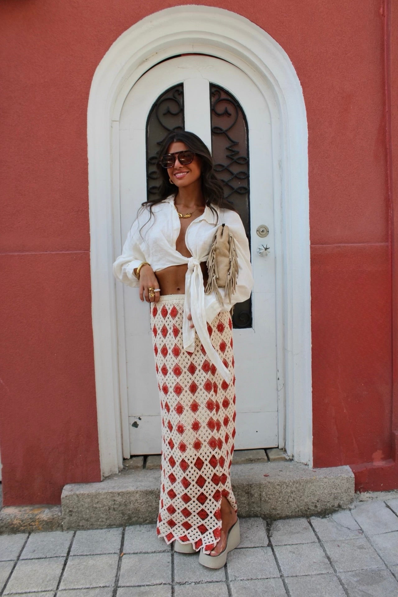 Two-Tone Crochet Maxi Skirt: Beige and Terracotta