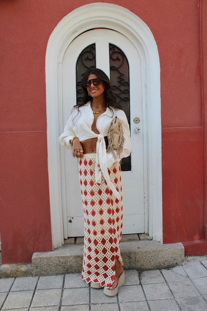 Two-Tone Crochet Maxi Skirt: Beige and Terracotta