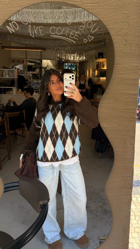 Brown & Sky Blue Argyle Knit Sweater