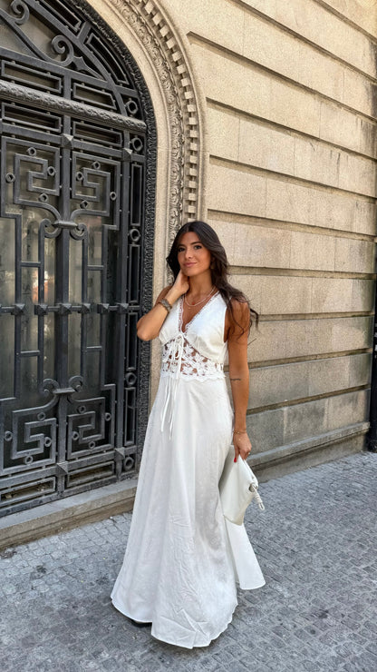 White Satin Lace Maxi Dress