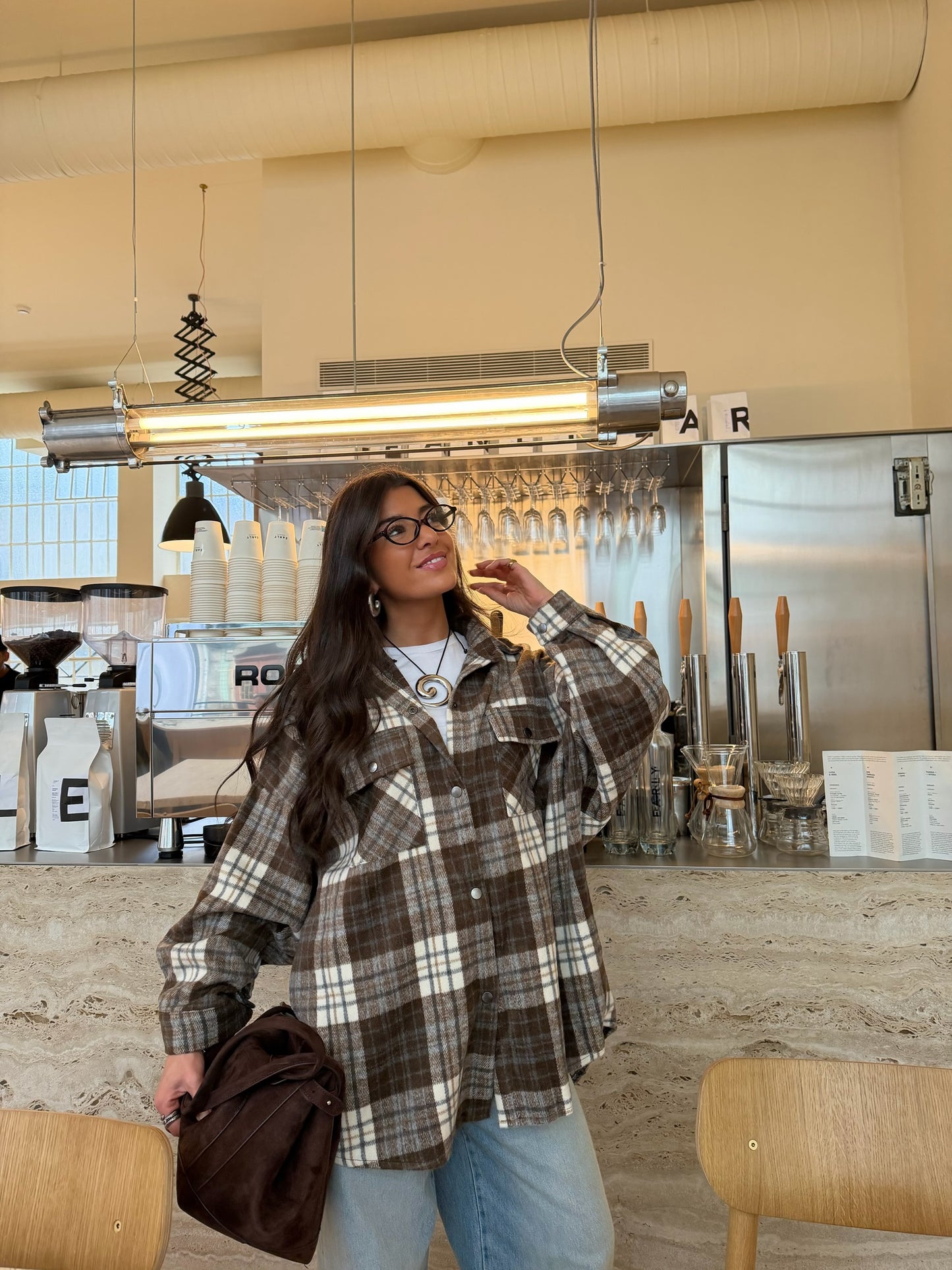 Coffee-Tone Plaid Overshirt