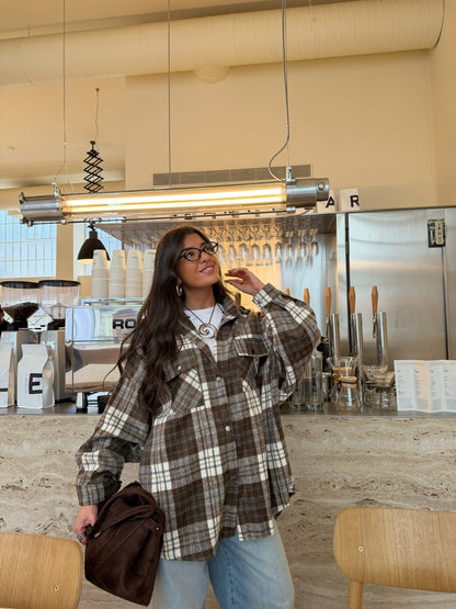 Coffee-Tone Plaid Overshirt