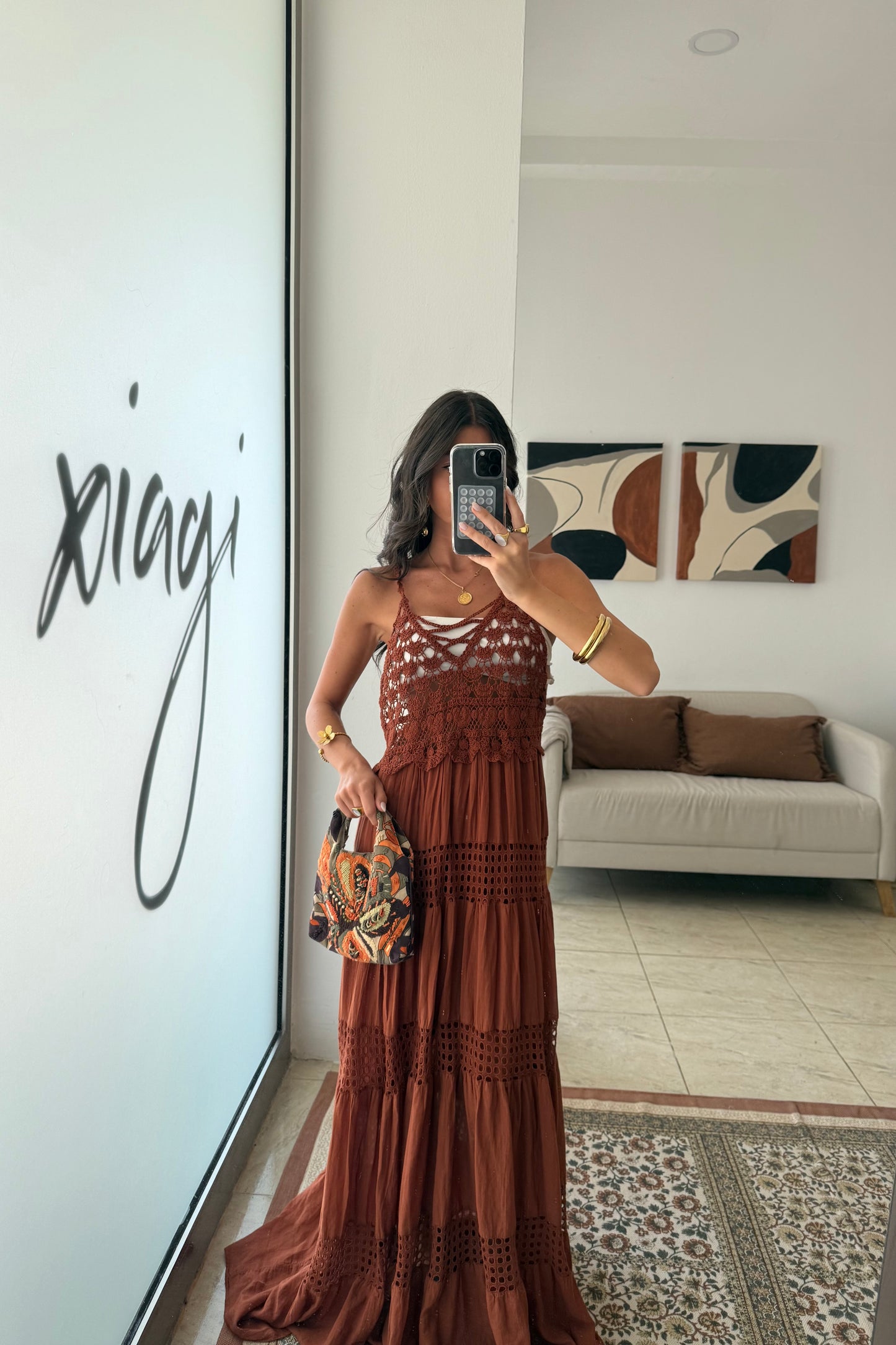 Crochet Trim Maxi Dress in Terracotta