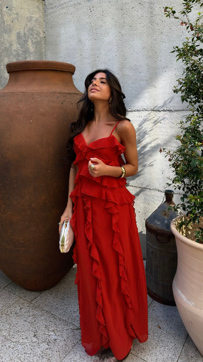 Scarlet Ruffle Maxi Dress