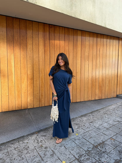 Long Dress with Side Knot in Navy