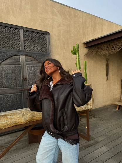 Chocolate Faux Fur Lined Aviator Jacket