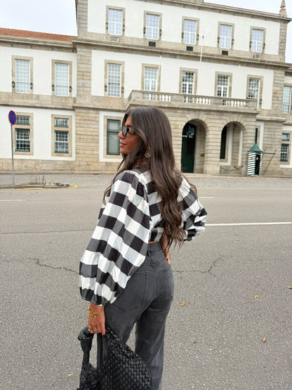 Black & White Vichy Crop Top with Balloon Sleeves