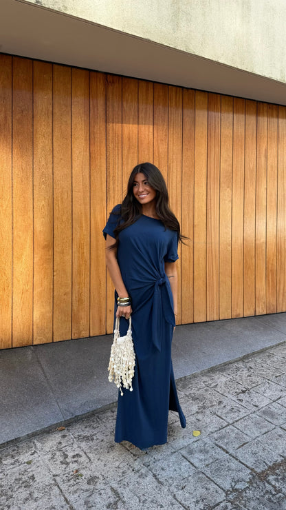 Long Dress with Side Knot in Navy