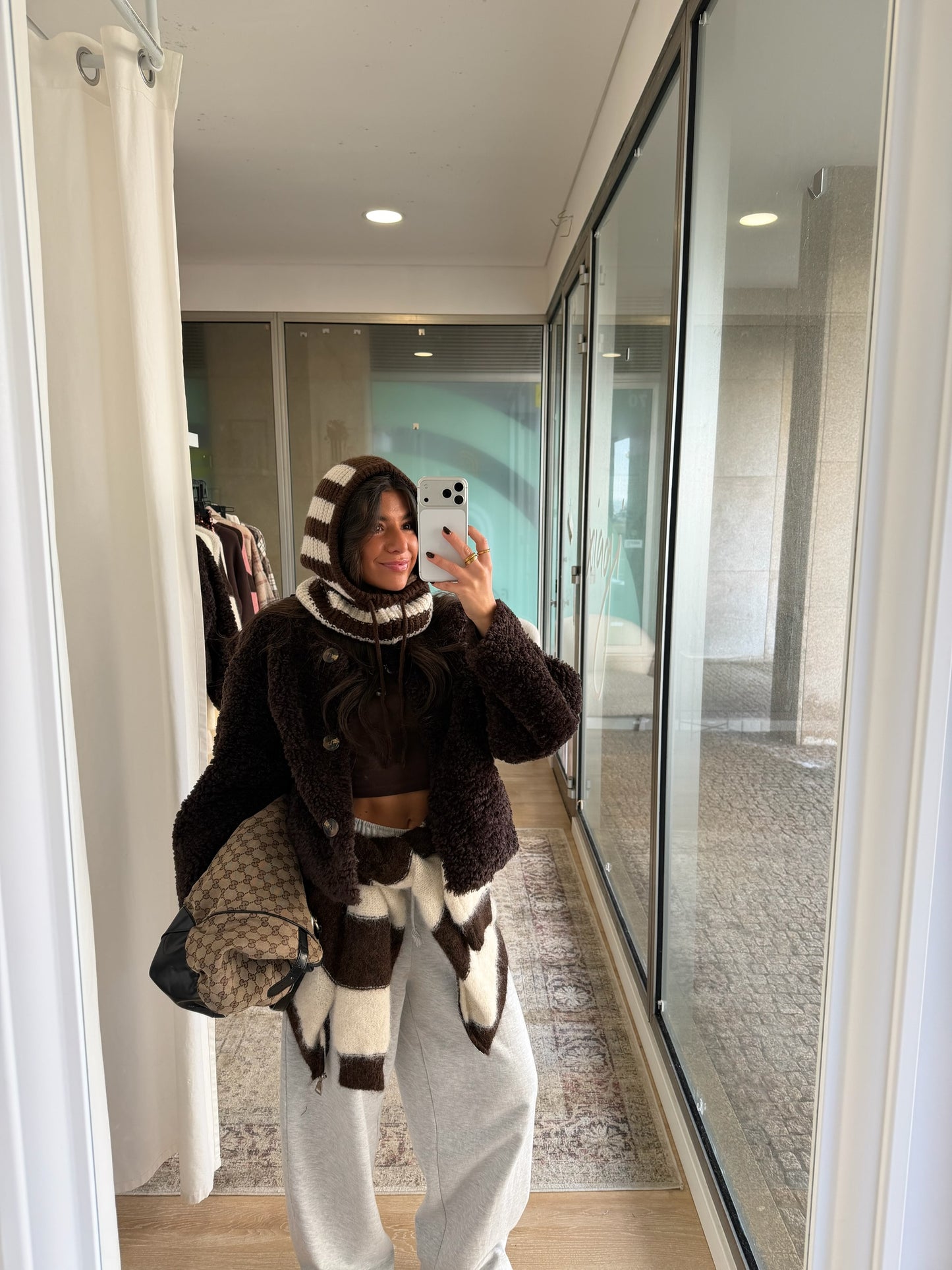 Brown & White Striped Knit Zip Jacket