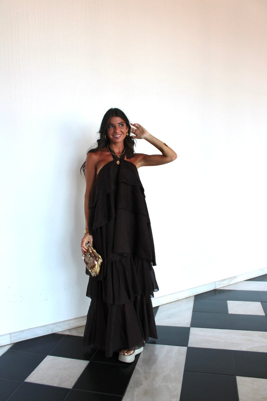 Brown Ruffled Maxi Dress